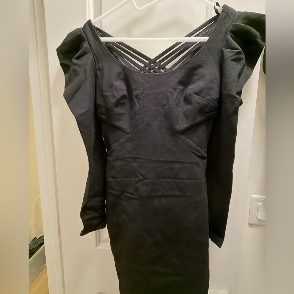 bebe Black Long-Sleeve Puff Shoulder Dress with Crisscross Back Straps